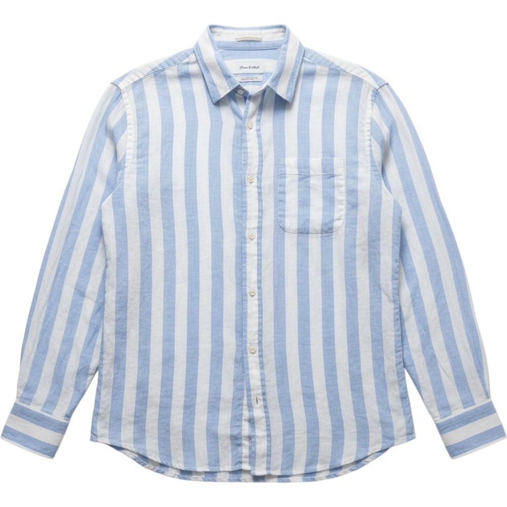 Porter & Ash Linen Shirt Mens Large Blue White Striped Long Sleeve Button Down
